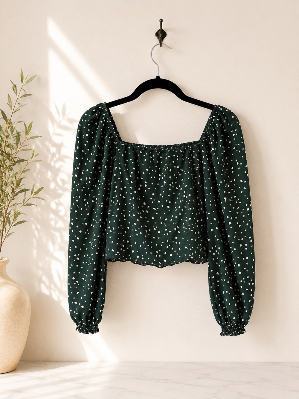 Abercrombie Green Spotted Puff Sleeve Top S